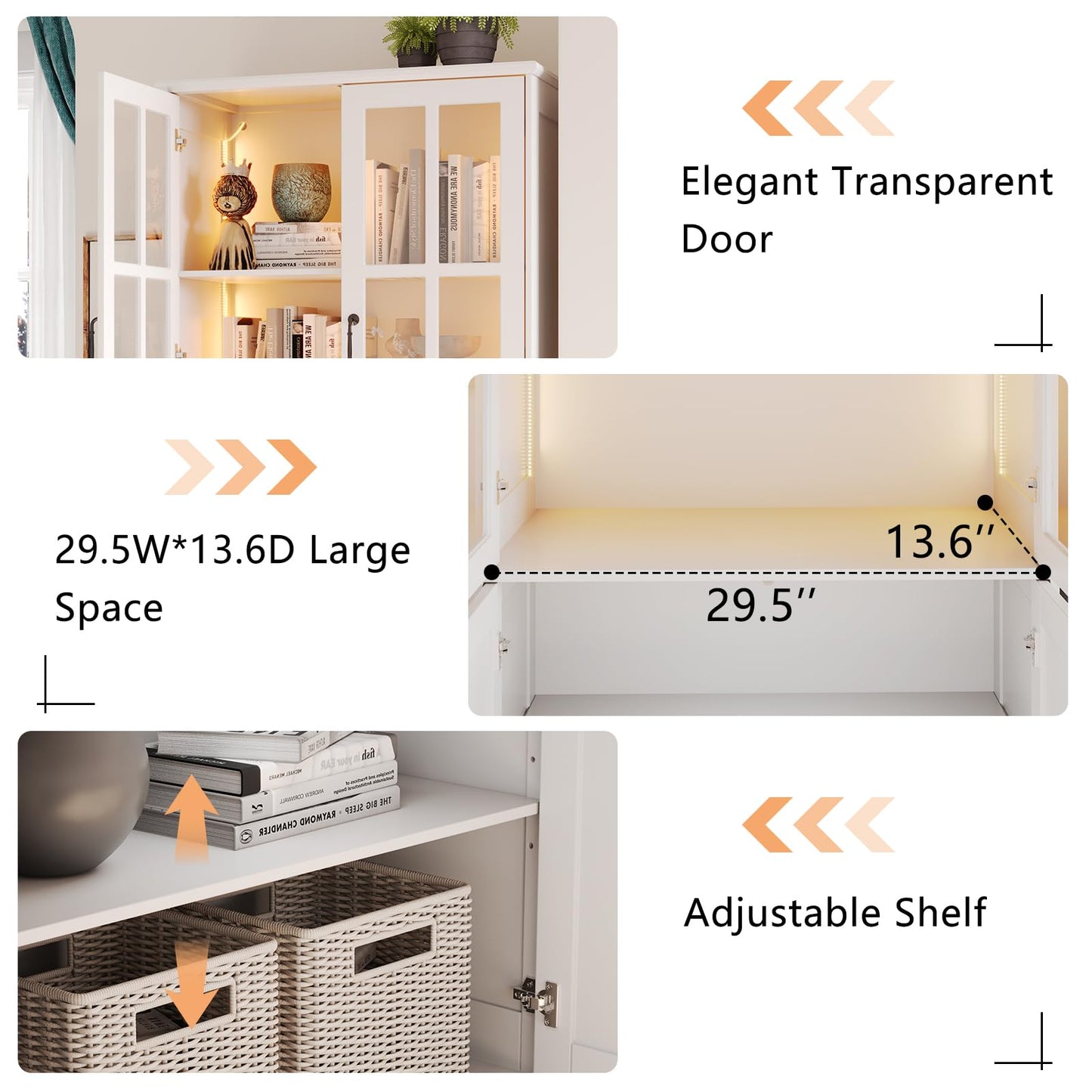 AMERLIFE 71" Tall Storage Cabinet with LED Lights, 5 Tier Large Modern Wood Kitchen Pantry with Acrylic Glass Doors & Shelves, Display Cabinet for Living room, Dining room, Bathroom, 4 Doors White