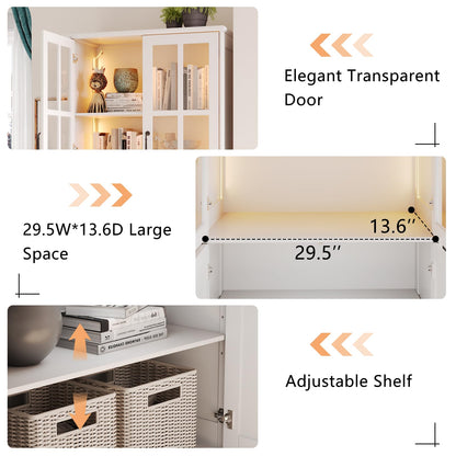 AMERLIFE 71" Tall Storage Cabinet with LED Lights, 5 Tier Large Modern Wood Kitchen Pantry with Acrylic Glass Doors & Shelves, Display Cabinet for Living room, Dining room, Bathroom, 4 Doors White