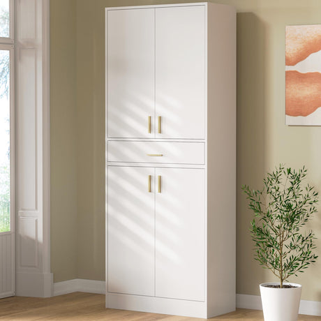 Cozy Castle Kitchen Pantry Storage Cabinet 71" Tall 4 Doors Wood Freestanding Cupboard with Sliding Drawer and 2 Adjustable Shelves for Dining Room Living Room, Laundry, Bathroom, White Cozy Castle