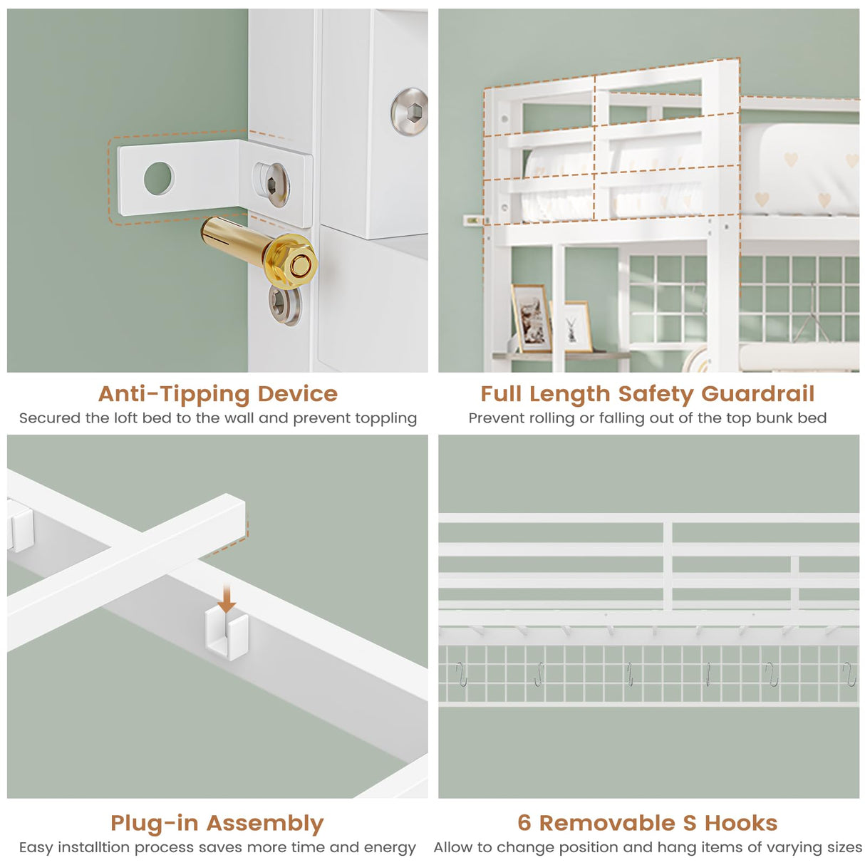 VIAGDO Loft Bed Twin Size with Hall Tree, Charging Station and LED Lights, Twin Loft Bed with L-Shaped Desk, 5 Storage Drawers, Heavy Duty Twin Size Bed with Stairs, No Box Spring Needed, White VIAGDO