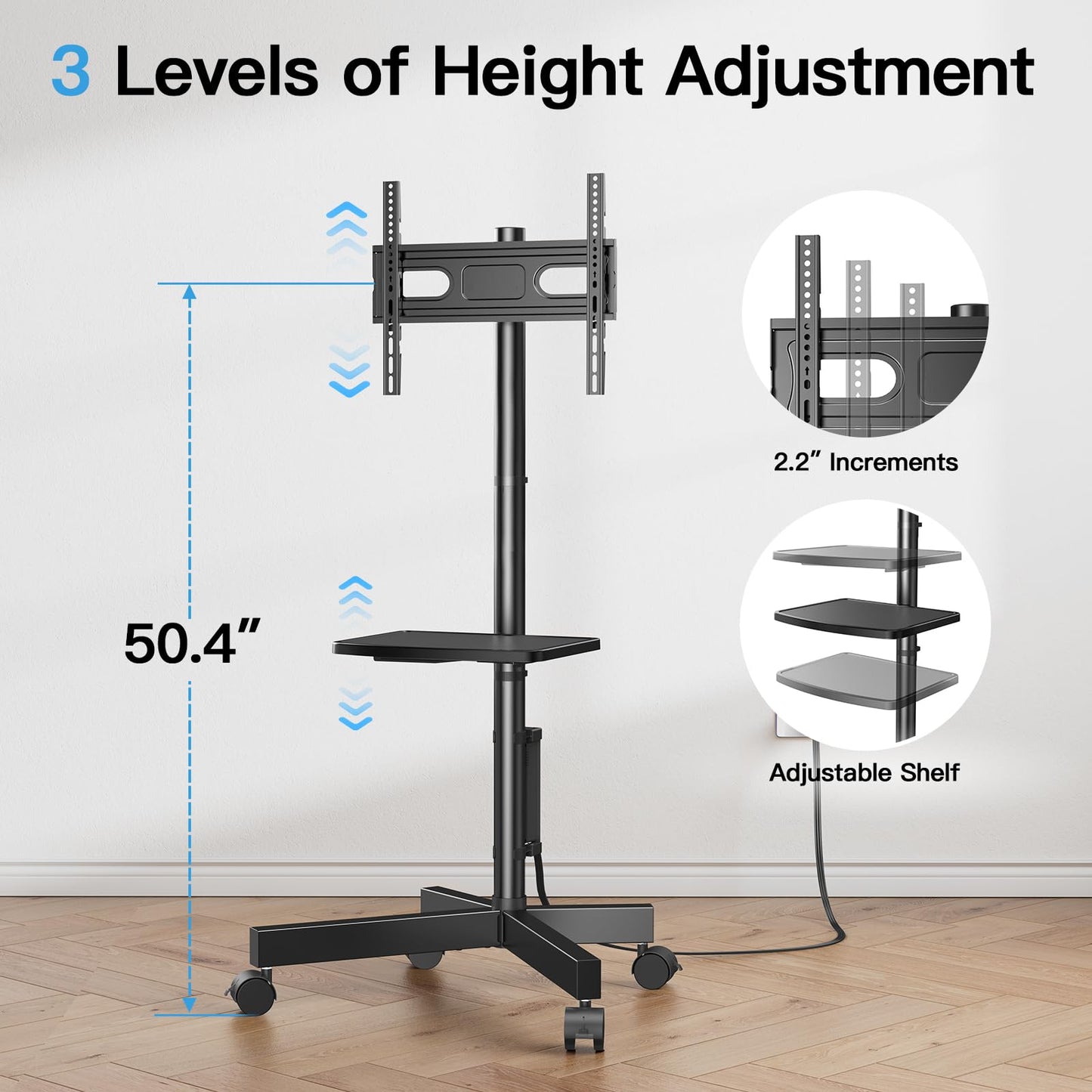 HUANUO Rolling TV Stand with Power Outlet, Mobile TV Cart for 23-60 Inch Flat/Curved LED/LCD/OLED TVs up to 88 lbs, TV Cart Height Adjustable Portable TV Stand on Wheels Max VESA 400x400mm HNTVMC02