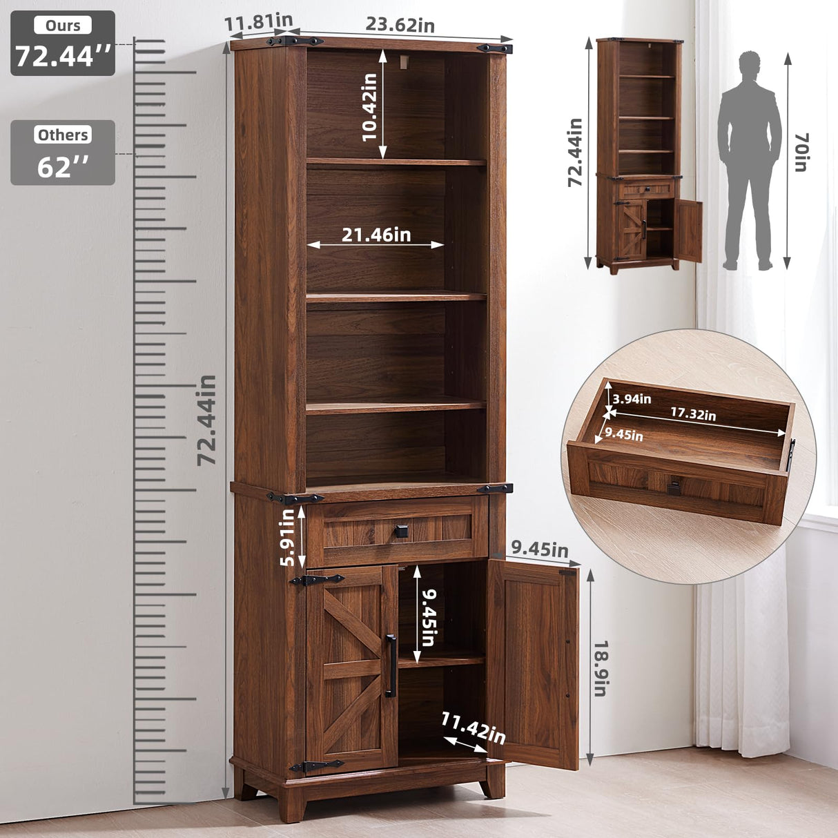 Joaxswe 72in Tall Bookshelf 7 Tier Bookcase with Drawer and Barn Doors and Adjustable Shelves, Brown Farmhouse Book Shelf with Storage Cabinet, Wood Freestanding Display Bookshelves for Kitchen Joaxswe