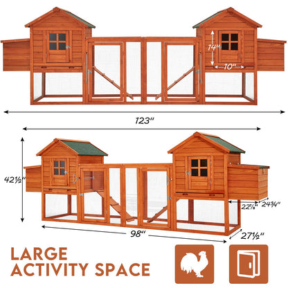 U-MAX Large Chicken Coop, 123" Wooden Chicken Coop for 4-6 Chickens Outdoor Hen House with Run, Natural Wood