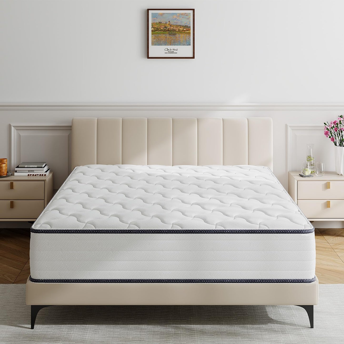 TXO Queen Mattress, 10 Inch Medium Firm Hybrid Mattress with Antistatic Breathable Euro Top Cover, Motion Isolation, Pressure Relief, Queen Size Mattress in a Box