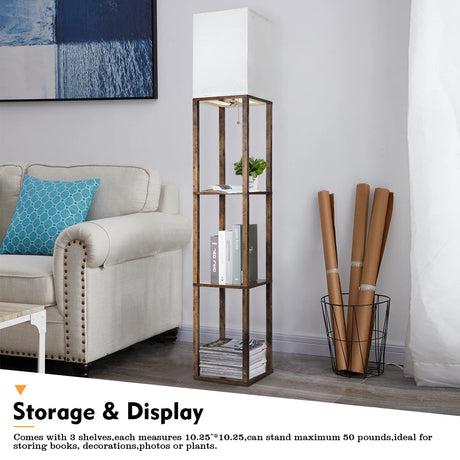 RUNTOP Floor Lamp with Shelves, Modern Shelf Lamp for Display Storage, 3 Color Temperature Wood Narrow Standing Corner Lamp with 8W Bulb for Living Room Decor, Bedroom, Office, Home Decor(Brown) RUNTOP
