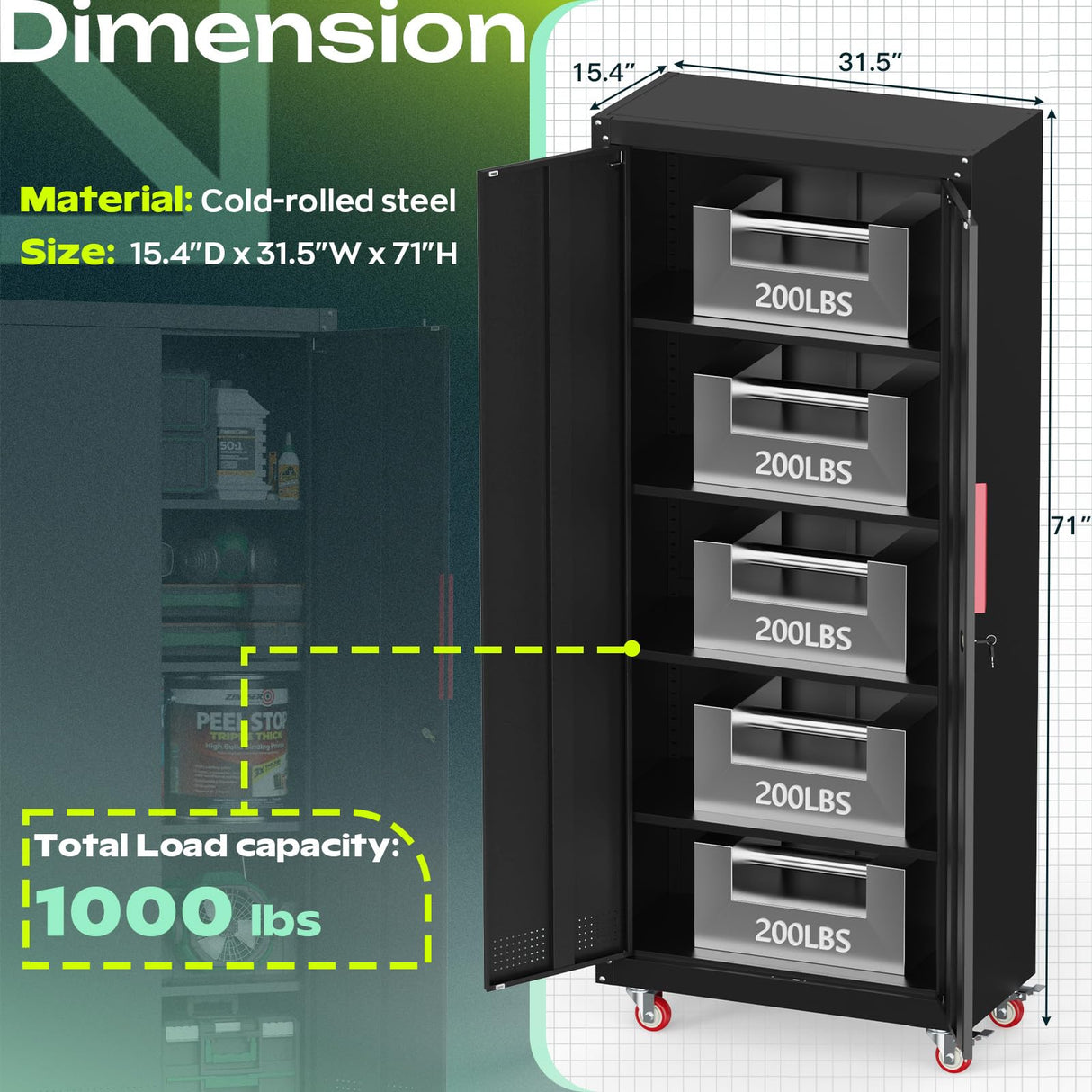 Kelueo 71" H Metal Garage Storage Cabinet with Wheels, 4 Adjustable Shelves & Locking Doors – Steel Tool Cabinet for Home,Basement,Utility Room – Garage Cabinets and Storage System, Black Kelueo
