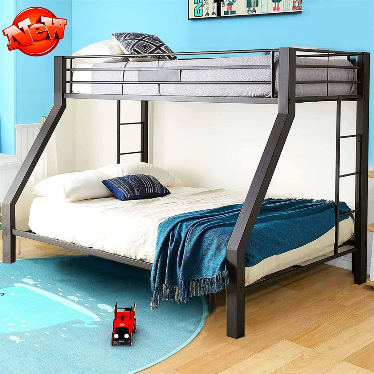 NIAYOU Twin XL Over Queen Bunk Bed, Industrial Style, Black Metal, Up to 900 lbs Weight Capacity, Easy Assembly NIAYOU
