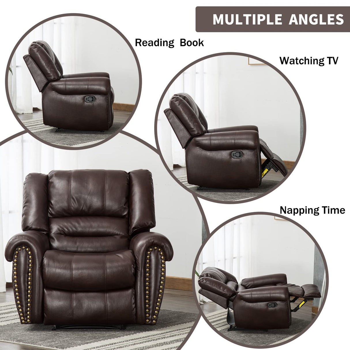 CANMOV Leather Recliner Chair, Classic and Traditional Manual Recliner Chair with Comfortable Arms and Back Single Sofa for Living Room, Brown CANMOV