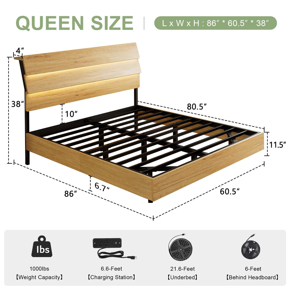 Feonase Floating Bed Frame Queen with Led Lights and Charging Station, Wood Full Size Bed Frame with Storage Headboard, Heavy Duty Metal Slats, No Box Spring Needed, Easy Assembly,Oak Feonase