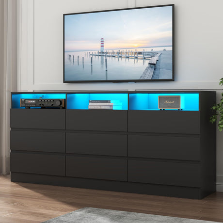 Loomie 9 Drawers Dresser, White Drawer Cabinet with Power Outlet, Accent Chests of Drawers with LED Light, Modern Storage Chest for Bedroom, Living Room (9 Drawers Black) Loomie