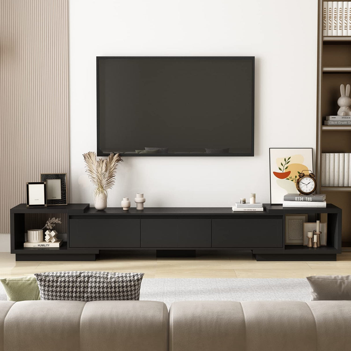 AIEGLE Deformable TV Console with 3 Drawers, Modern Extendable TV Stand in Stretch for TVs up to 120", Wood Gaming Entertainment Center Media Stand with Adjustable Width, Black (Wide 65"-106") AIEGLE