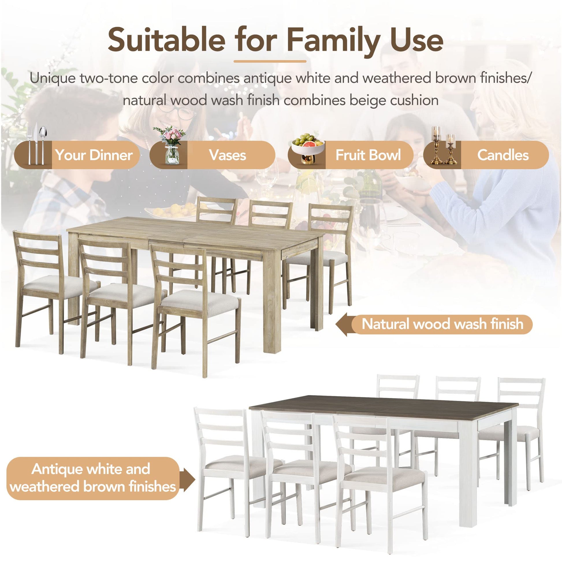 LUMISOL 7 Piece Dining Table Set, Extendable Kitchen Table Set with 12inch Leaf and 2 Storage Drawers, Farmhouse Dining Room Table Set with 6 Upholstered Chairs, Brown+White - WoodArtSupply