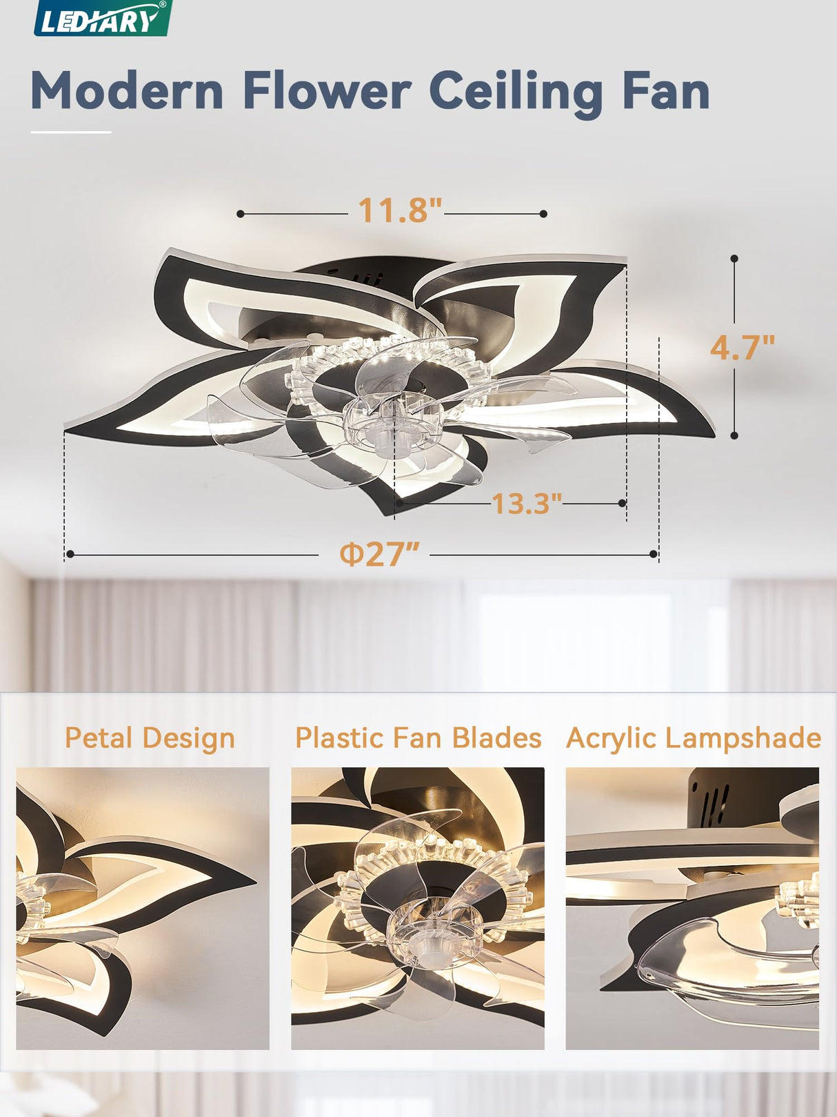 LEDIARY Flower Ceiling Fans with Lights, Small 27 Inch Modern Low Profile Ceiling Fan, Dimmable LED Ceiling Light Fixture, Flush Mount Ceiling Fans with Remote for Bedroom, Kitchen, Indoor-Black LEDIARY