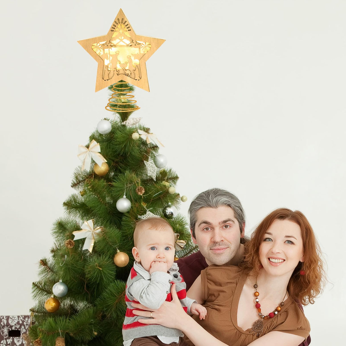 Nativity Christmas Tree Topper Lighted Star Tree Topper Treetop for Christmas LED 3D Nativity Theme Christmas Tree Decorations Wooden Treetop Xmas Tree Decor Ornaments Nativity Tabletop 10 X 8.5 in Justforjoyful