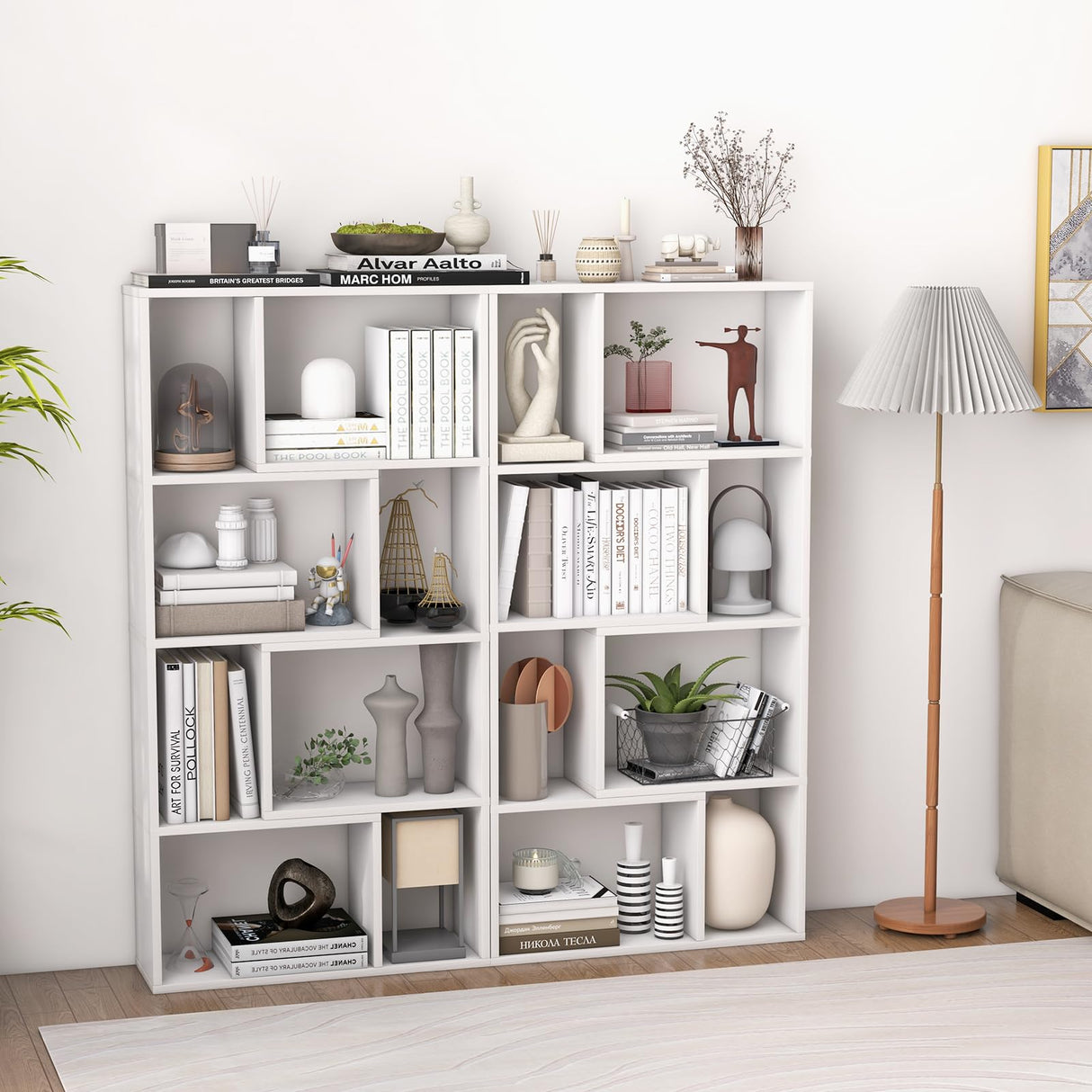 Tangkula 5 Tier Geometric Bookshelf, 48”H Freestanding 8-Cube Open Bookcase, Wooden Storage Display Shelf, 2 Anti-Toppling Devices, 8 Cubes Home Office Decor Room Divider for Living Room (1, White) Tangkula