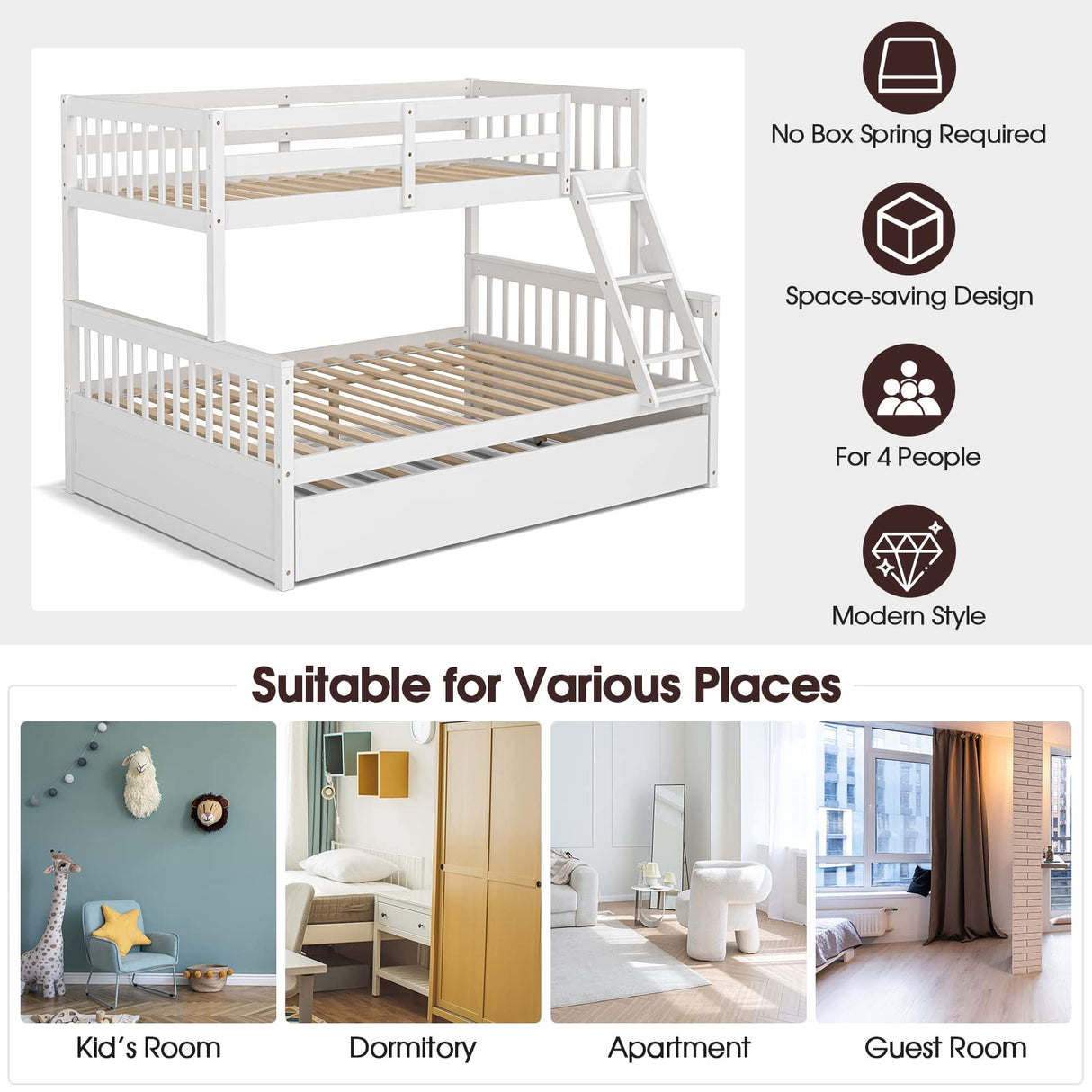 Giantex Twin Over Full Bunk Bed with Trundle, Convertible Platform Bed Frame with Ladder, Solid Wood Frame & Safety High Guardrails, Space-Saving Bunk Bed for Teens & Kids, No Box Spring Needed, White Giantex