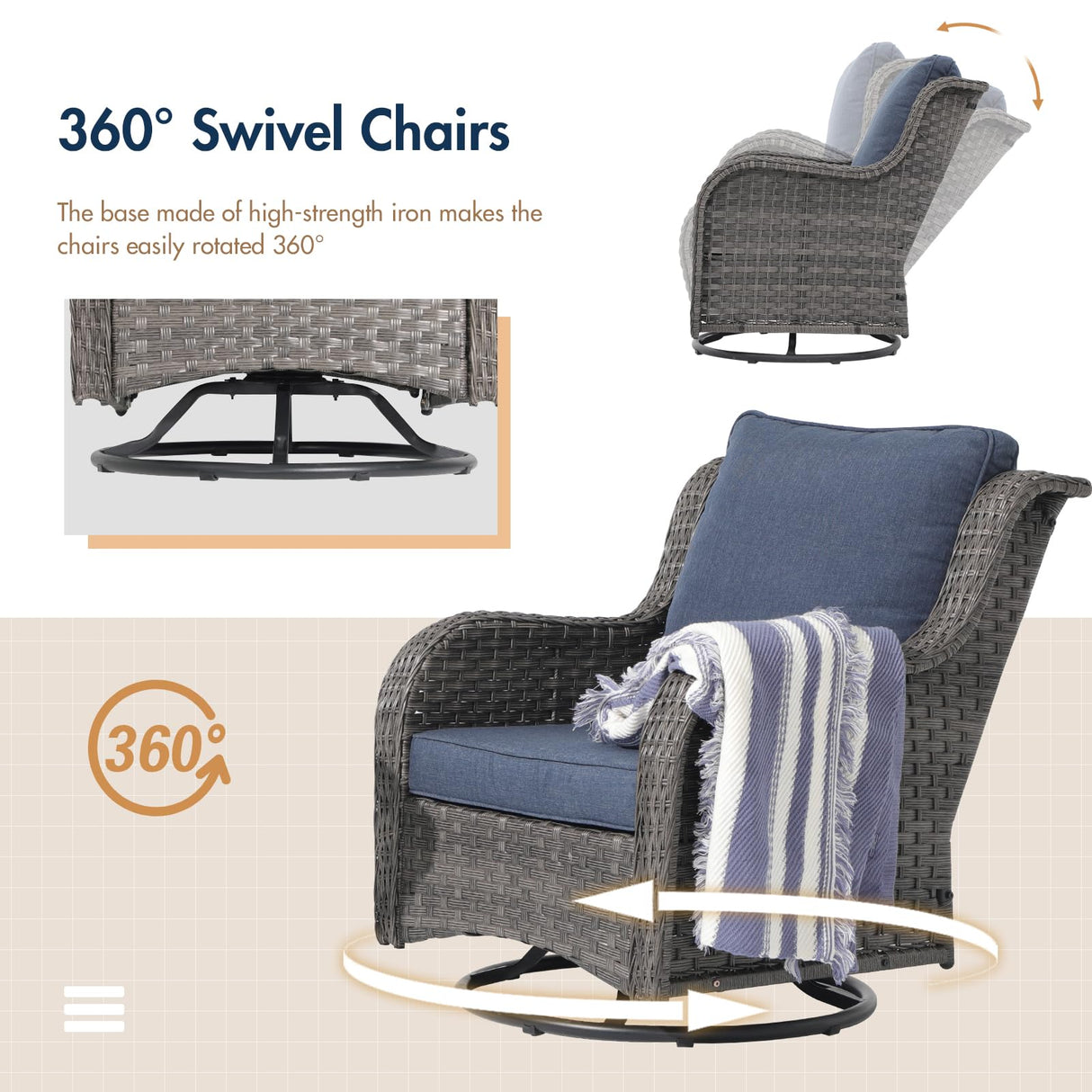 SUNSITT Outdoor Furniture Set with Fire Pit Table Wicker Patio Conversation Set 9-Piece Patio Sectional Furniture Set with Gas Firepit with Swivel Patio Chair Grey Wicker & Denim Blue Cushion SUNSITT