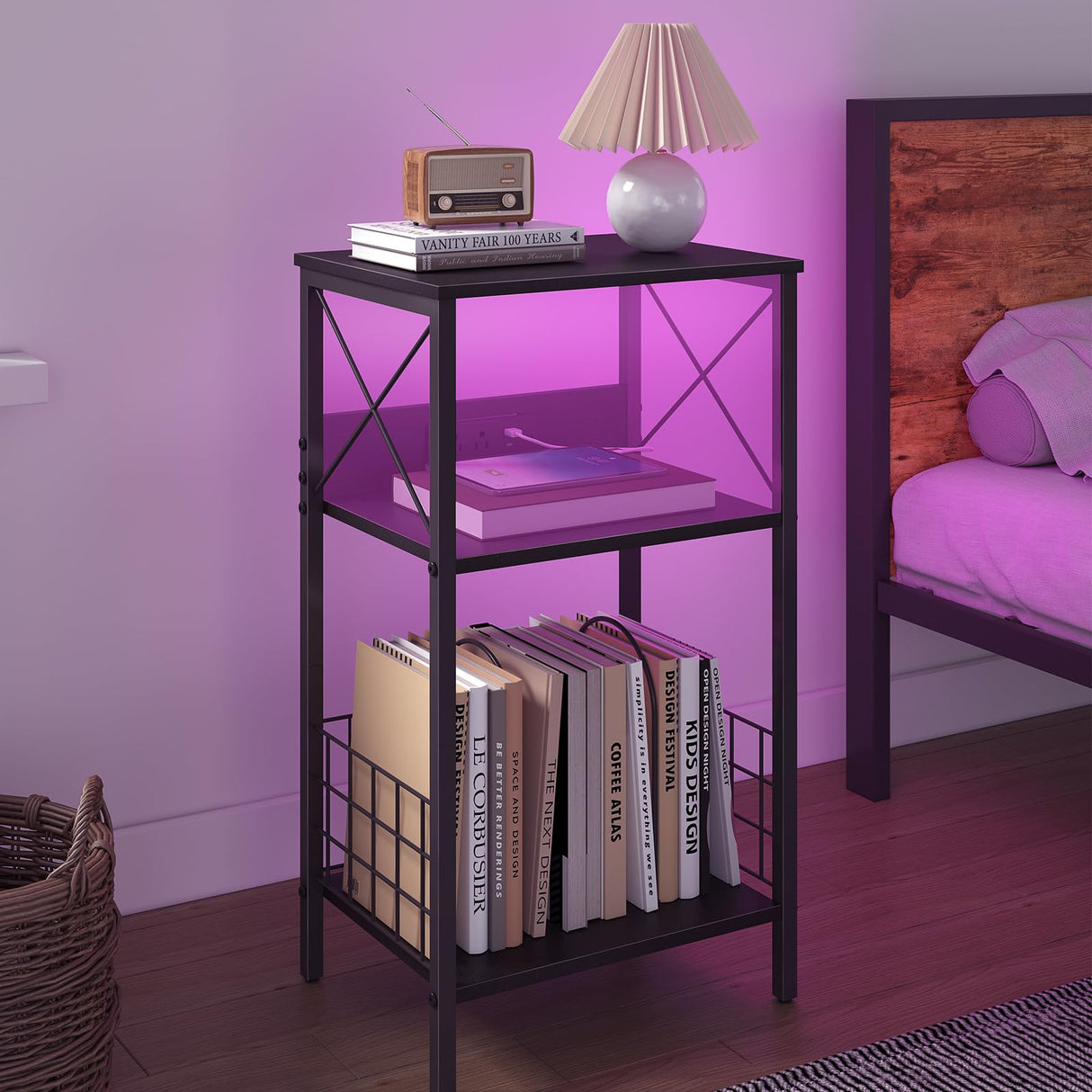 3 Tiers End Table with Charging Station,LED Side Table Turntable Stand for Vinyl Storage, Records Shelf for Albums, Vinyl Holder Shelf Records Player Stand for Living Room, Bedroom Black WoodArtSupply