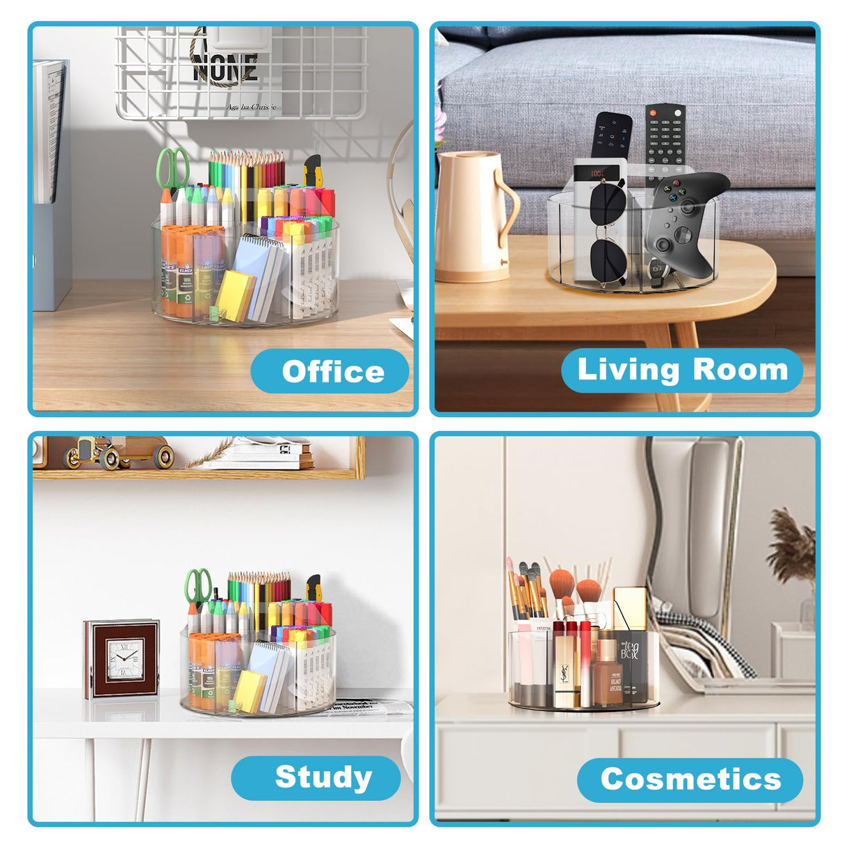 Acrylic Pen Holder for Desks, Acrylic Desk Organizer Clear, 360 Degree Pencil Holder for Desk Kids, Rotating Desk Organizer Rotating Pen Holder for Desk, Art Supply Storage Organizer 6 Compartments Wawocs