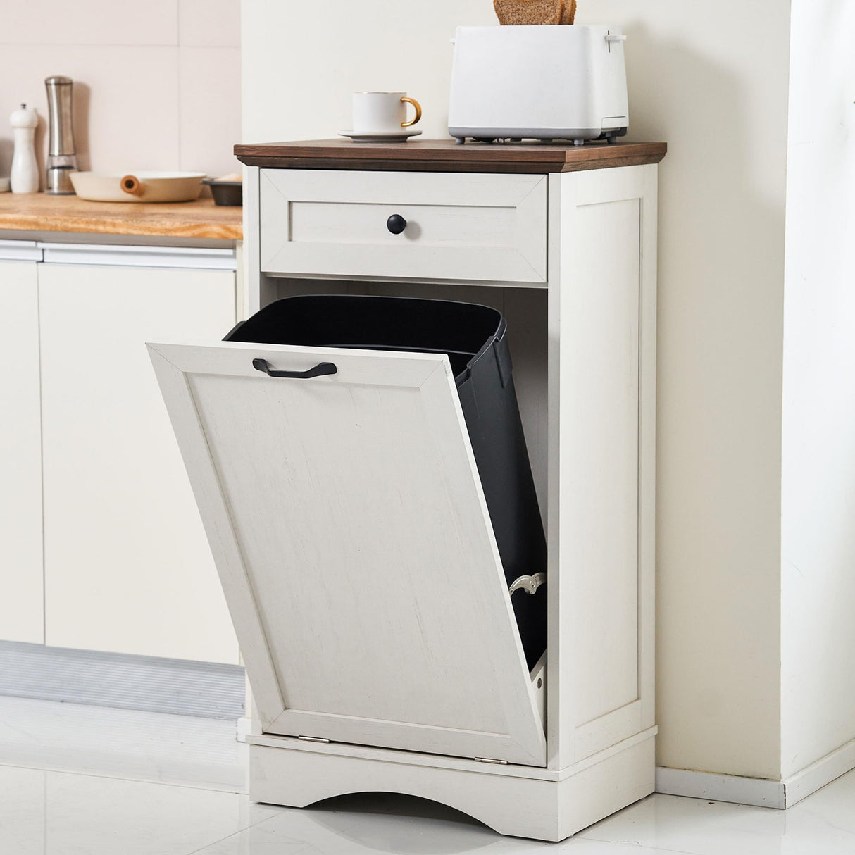 AHB 13 Gallons Tilt Out Trash Cabinet Free Standing Kitchen Trash Cabinet Recycling Garbage Cabinet with Hideaway Drawer Pet Proof Trash Can Holder for Kitchen Living Room, White AHB