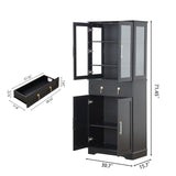 FOREST GRAVITY 71''Tall Pantry Cabinet,Kitchen Pantry,LED Lighting Display Cabinet,a Drawer,3 Adjustable Shelves,Pantry for Dining Room and Kitchen 3 Side Panels of Glass for Better Showcase,Black FOREST GRAVITY