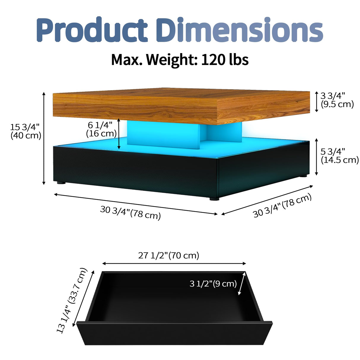 LED Coffee Table for Living Room, 2-Tier Modern Square Center Table with Music Sync Lights, High Gloss Surface, 30 3/4" x 30 3/4" (Rustic Brown+Black) Yeewe