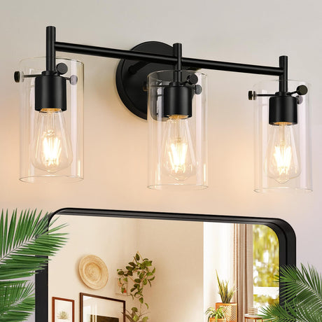 Bathroom Light Fixtures 2023 Upgrade, 3-Light Matte Black Bathroom Vanity Light, Black Bathroom Lights Over Mirror with Clear Glass Shade, Bathroom Wall Sconces for Mirror Bedroom Living Room Hallway Indoi