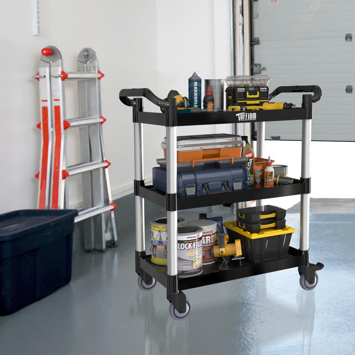 TUFFIOM 3-Tier Plastic Service Utility Cart with Wheels, Heavy Duty 390lbs Capacity, Commercial Rolling Ideal for Restaurant, Foodservice, Office, Warehouse, Black 34.8''L x 17.4''W x 38.6''H TUFFIOM