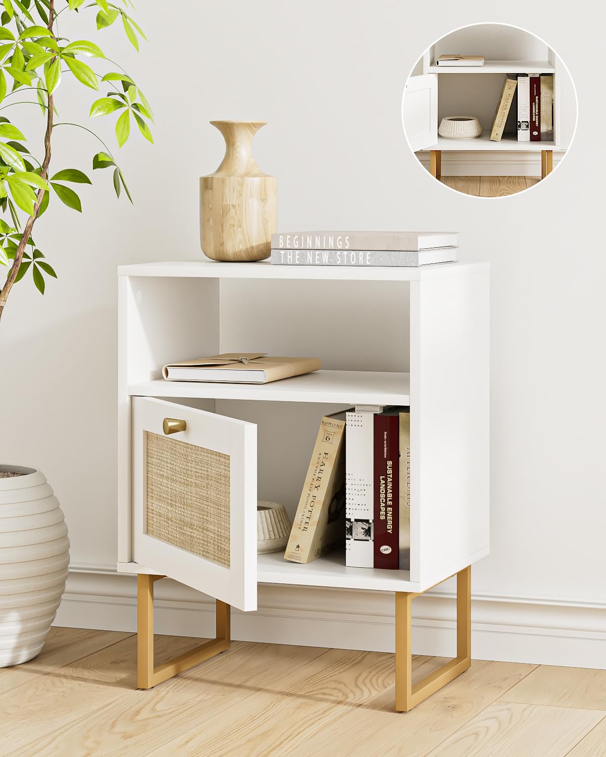 Acodaiuy Rattan Nightstand, Boho Night Stand Wood Farmhouse Bedside Table with Storage, End Side Accent Table for Bedroom,Living Room,White Acodaiuy