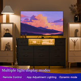 Fixwal Black Dresser for Bedroom with Power Outlets and LED Lights 11 Drawers Dresser with Side Pocket for Kids Bedroom, Fabric Chest of Drawers, for 60inch TV Long Dresser Storage Organizer Fixwal