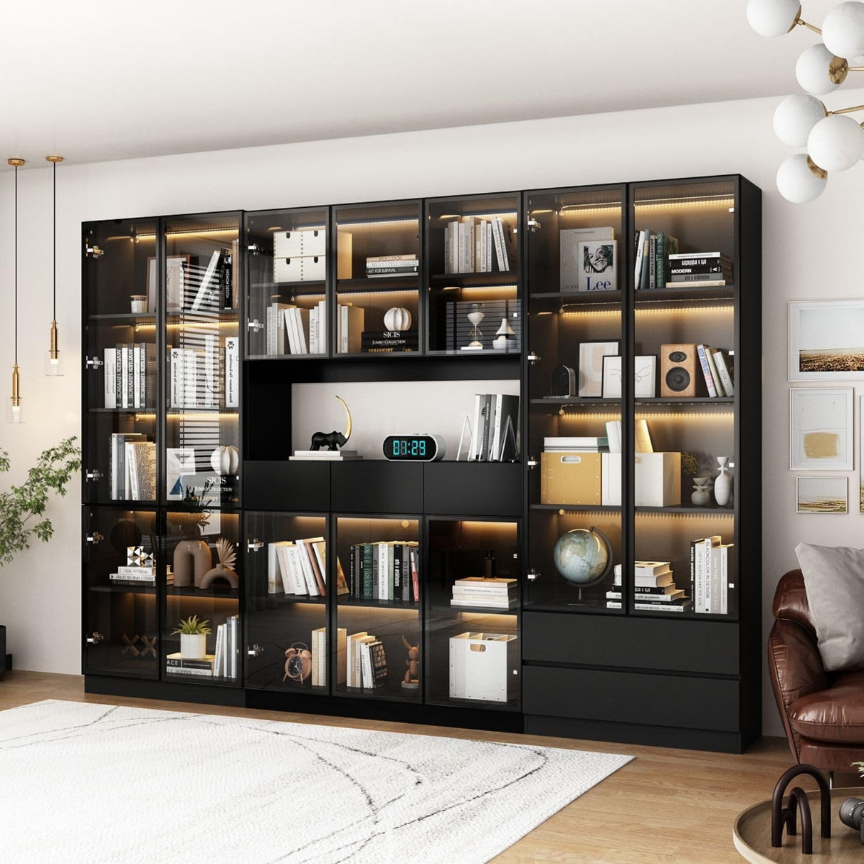 FAMAPY Display Cabinet with 2 Glass Doors and Lights, Display Case Cabinet with 4-Tier Storage Shelves and 2 Drawers, Pop-up Design, for Collectibles, Black (31.5”W x 14.2”D x 78.7”H) FAMAPY