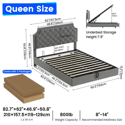 Queen Size Lifting Upholstered Bed Frame with Adjustable Headboard, Storage Space & LED Lighting - WoodArtSupply