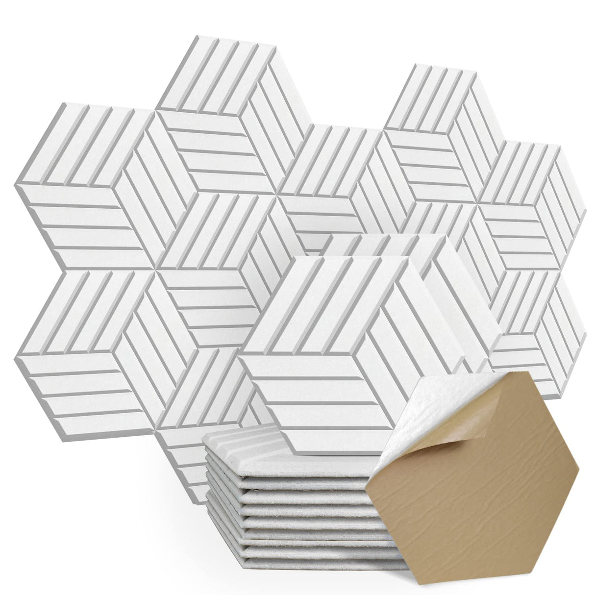 SHJADE 12 Pack Acoustic Panel Self-Adhesive, 14" X 12" X 0.4"High Density Sound Proof Padding, Hexagon Sound proof Insulation Beveled Edge Wall Tiles(White) SHJADE