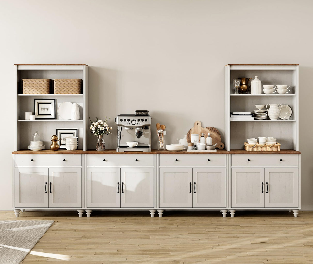 WAMPAT Entertainment Center with Bookshelves for TVs up to 75", Farmhouse Wall Unit TV Stand with 8 Doors & 4 Drawer, Media Console Table for Living Room, Bedroom & Home Theater, Off White WAMPAT