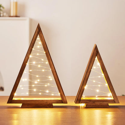 Mokof 2 Pack Wood Tabletop Christmas Trees with Lights, Christmas Decorations Indoor, Modern Farmhouse Christmas Decor Small Trees for Table, Mantle, Shelf (13.4" and 10" Tall)