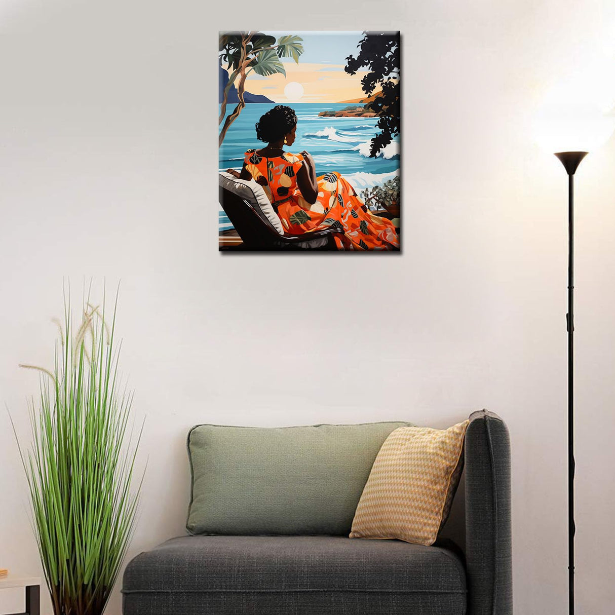 African Black Girl Paint by Number Afro Boho Women Painting Style DIY Painting On Canvas with Brushes Acrylic Paints Summer Seascape Paintwork for Adults , Kids Beginner 16x20 Inch Gift（Frameless） TUMOVO