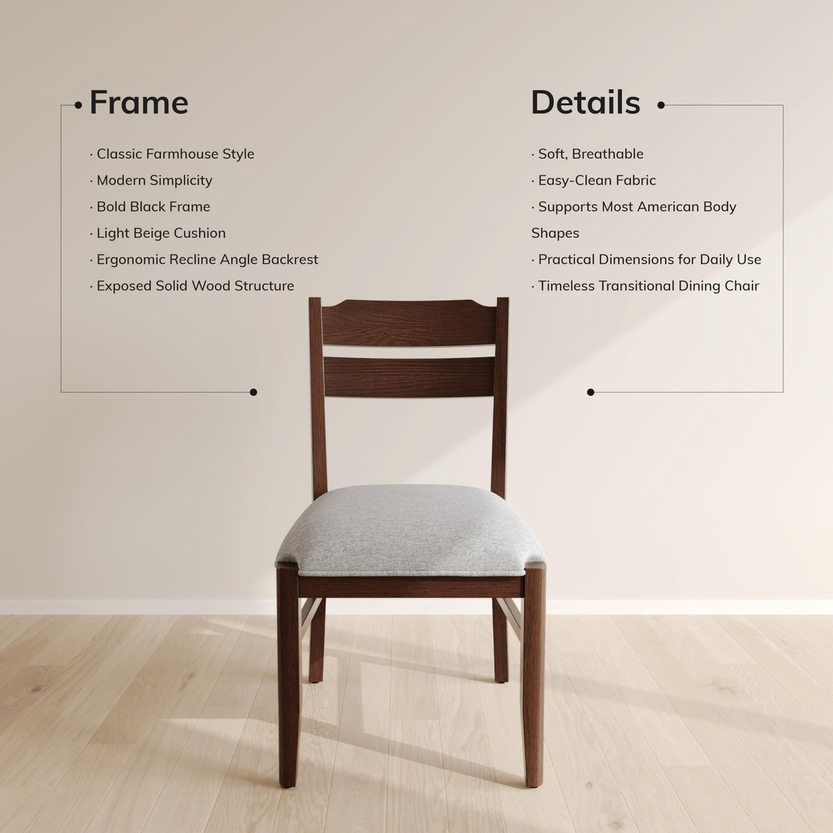 COLAMY Wooden Dining Chair with Fabric Upholstered Seat Set of 6, Modern Farmhouse Ladder Back Dining Room Chair, Solid Wood Transitional Kitchen Chair, Dark Brown COLAMY