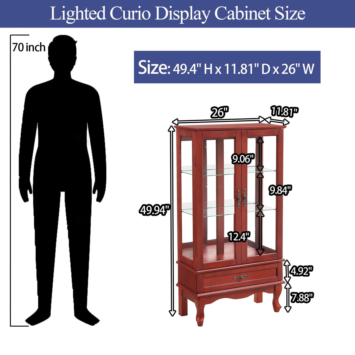 TRJQBCC 49" H Lighted Curio Display Cabinet with 2 Glass Doors & 1 Drawer, Wooden Curio Showcase w/Adjustable Shelves & Mirrored Back Panel, Wine Storage Cabinet Display Case for Living Room (Cherry) TRJQBCC