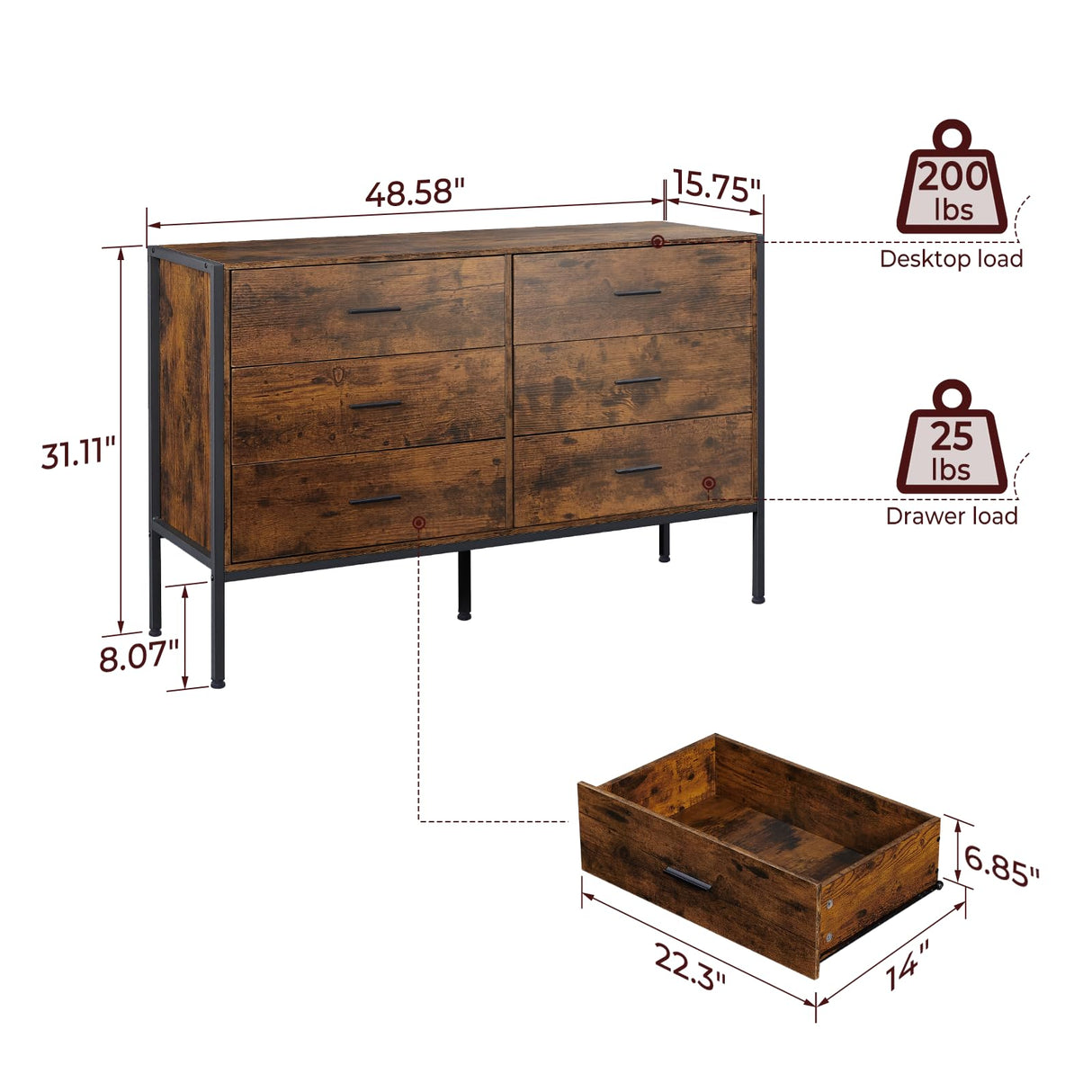 Lyromix Rustic Brown Dresser with 6 Drawers, Wide 48'' Wood TV Stand with Storage, Mid Century Dresser Dresser for Bedroom, Perfect for Bedroom Room Storage Lyromix