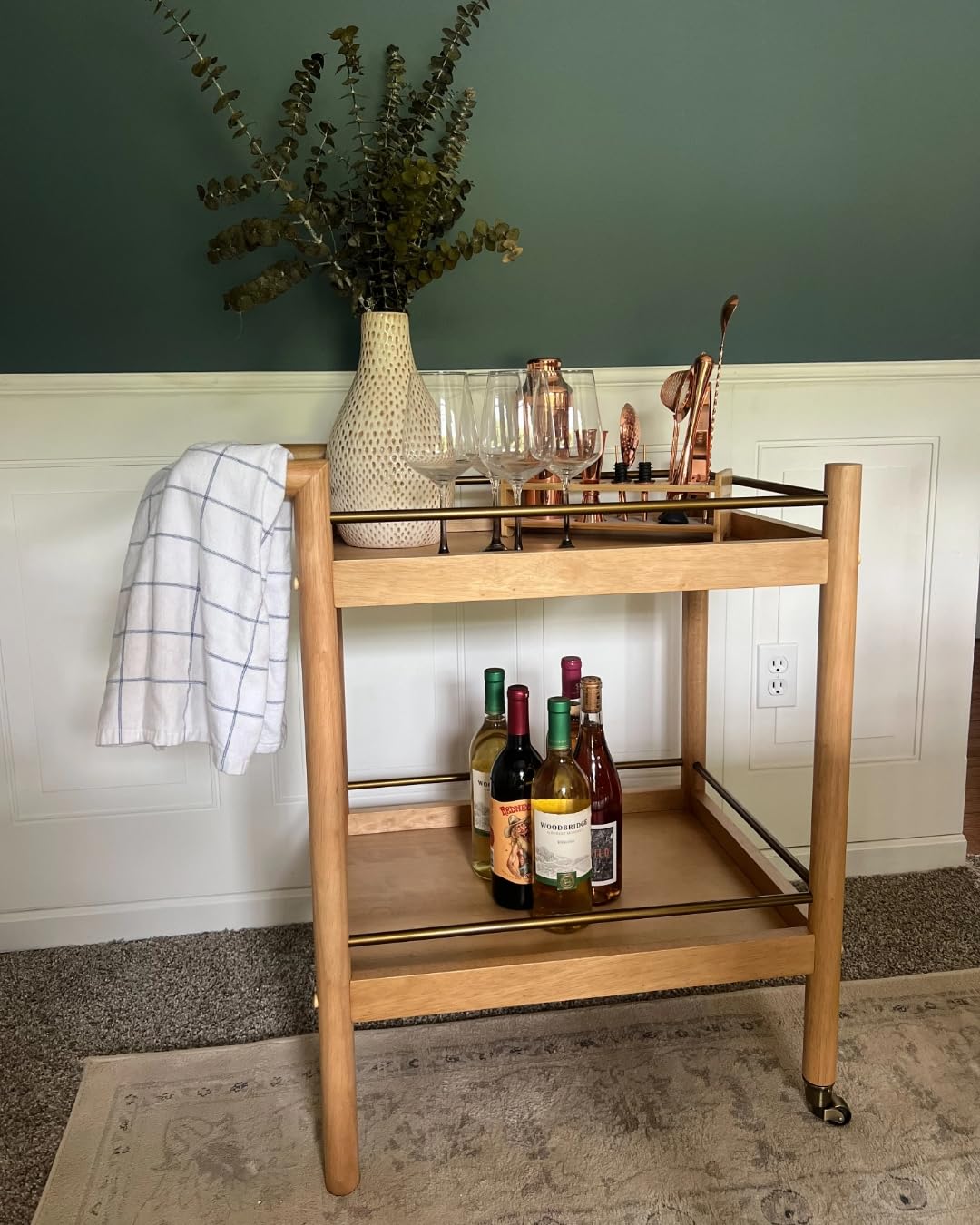 Nathan James Farley Mid Century Modern Bar Cart, Solid Wood Serving Cart with Wheels and Metal Guard Rails, Natural Brown