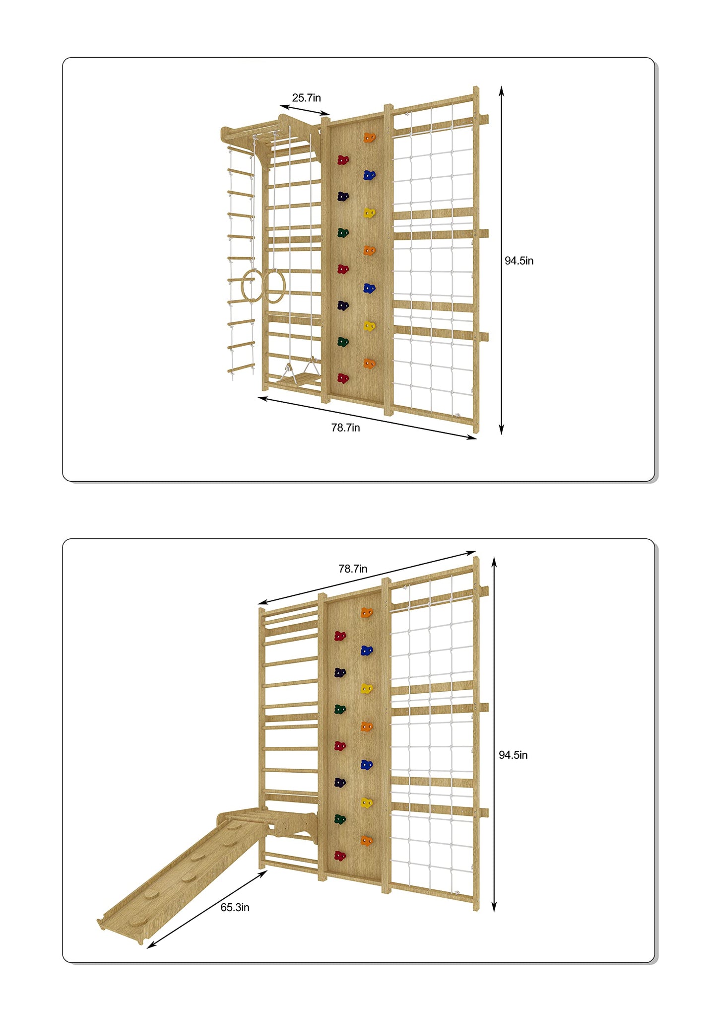 Avenlur Walnut 9-in-1 Swedish Ladder Wall Gym Set - 94.5 Inches - Trapeze Swing, Rope Ladder, Rock Wall, Rope Wall, Rock Ramp Climber, Slide, Pull-up Bar, Ladder and Swing - WoodArtSupply