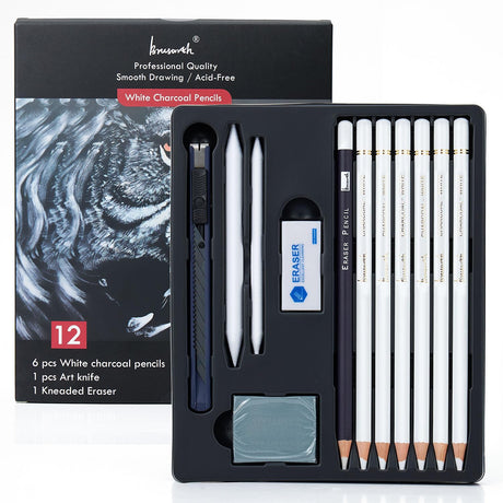 Brusarth White Charcoal Pencils Set - 12 Piece White Colored Pencils for Drawing, Sketching, Shading, Blending, White Chalk Pencils for Kid, Beginners & Pro Artists Brusarth