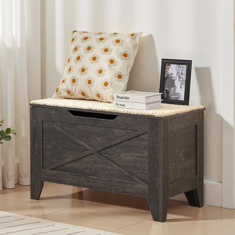VECELO 30" Storage Chest with Lift Top Storage, Farmhouse Style Ottoman with Handwoven Wicker Cushion, Safety Hinges, Ideal for Entryway, Bedroom, Living Room, Coal Gray VECELO