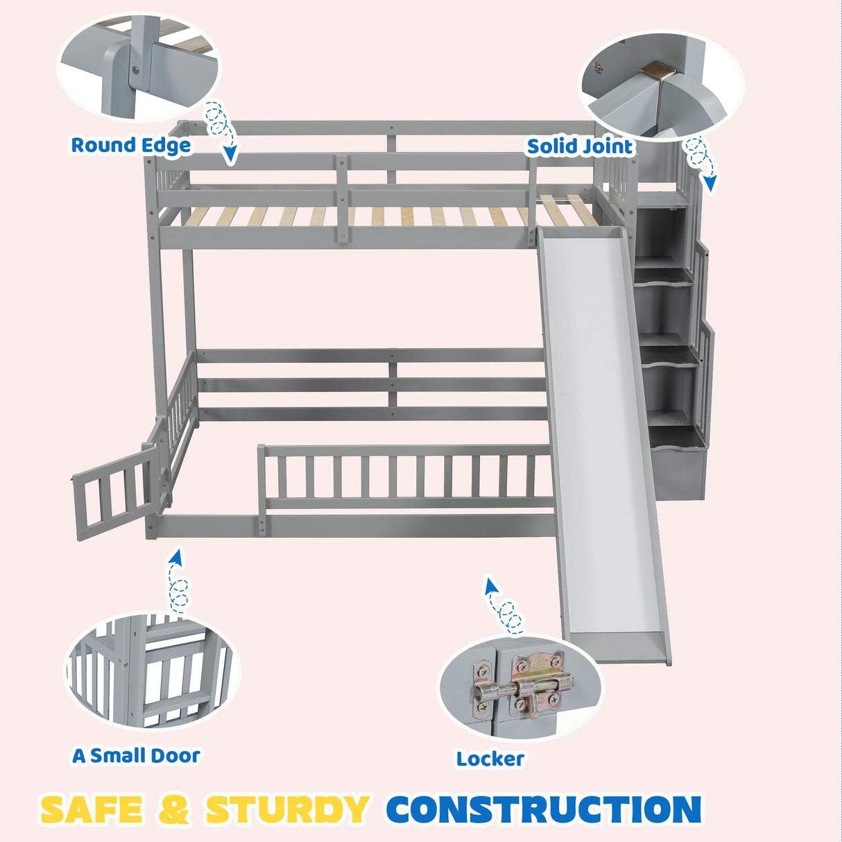 Duxelifin Twin Over Full Bunk Beds with Slide and Stairs, Low Bunk Bed Frame with Rails, Convertible Wood Bunk Bed with Storage Staircase for Kids Boys Girls, Gray Duxelifin