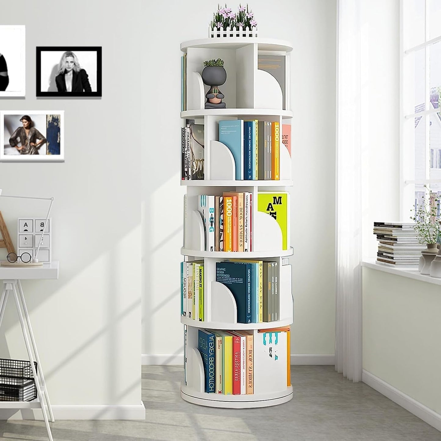 Nisorpa 5-Tier 360° Rotating Bookshelf – Space-Saving Tower Bookcase for Small Spaces - WoodArtSupply