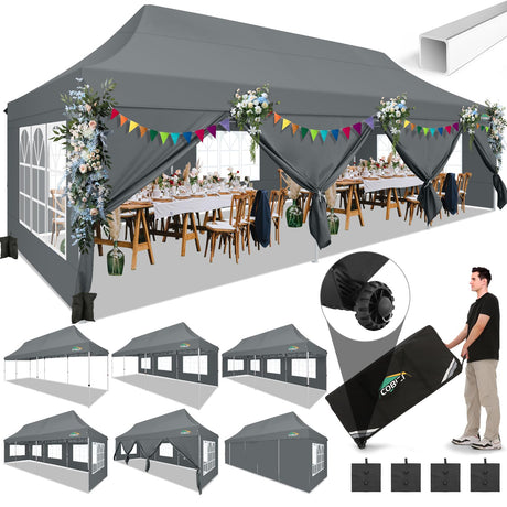 COBIZI 10x30 Pop Up Canopy Tent with 8 Removable Sidewalls EZ POP Up Party 10x30 Canopy Tent Waterproof and UPF50+,Outdoor canopy tents for Parties Wedding Events,with Roller Bag & Sandbags(gray COBIZI