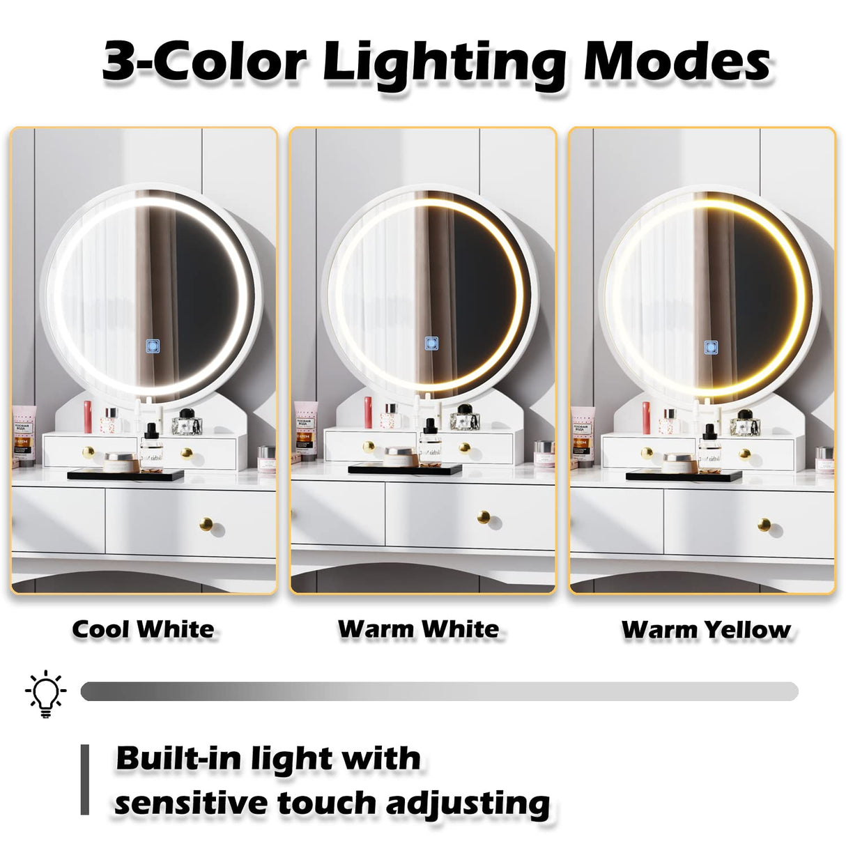 Furmax Vanity Desk Makeup Vanity Table with Lighted Mirror Vanity Set with Modern Desktop, Soft Cushioned Stool, 4 Storage Drawers, 3 Colors Mirror Brightness Adjustable (White) Furmax