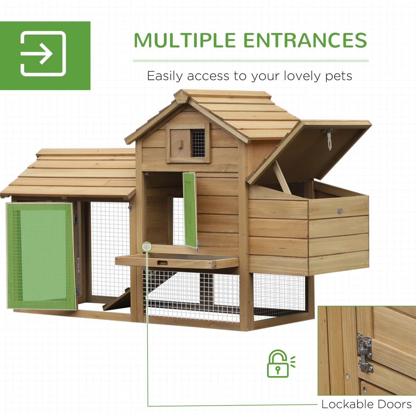 PawHut 59" Small Wooden Chicken coop Hen House Poultry Cage for Outdoor Backyard with 2 Doors, Nesting Box and Removable Tray, Natural Wood - WoodArtSupply