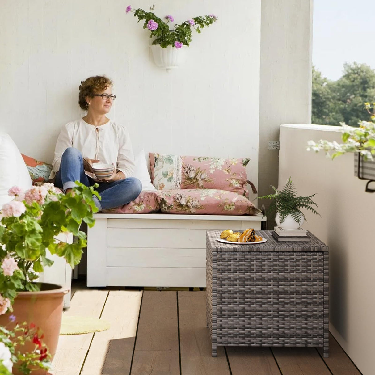 UDPATIO Outdoor Wicker Side Table with Storage Set of 2 Patio Rattan End Table Small Resin Square Container Coffee Table Backyard Pool for Furniture Covers, Toys and Gardening Tools (Grey) UDPATIO