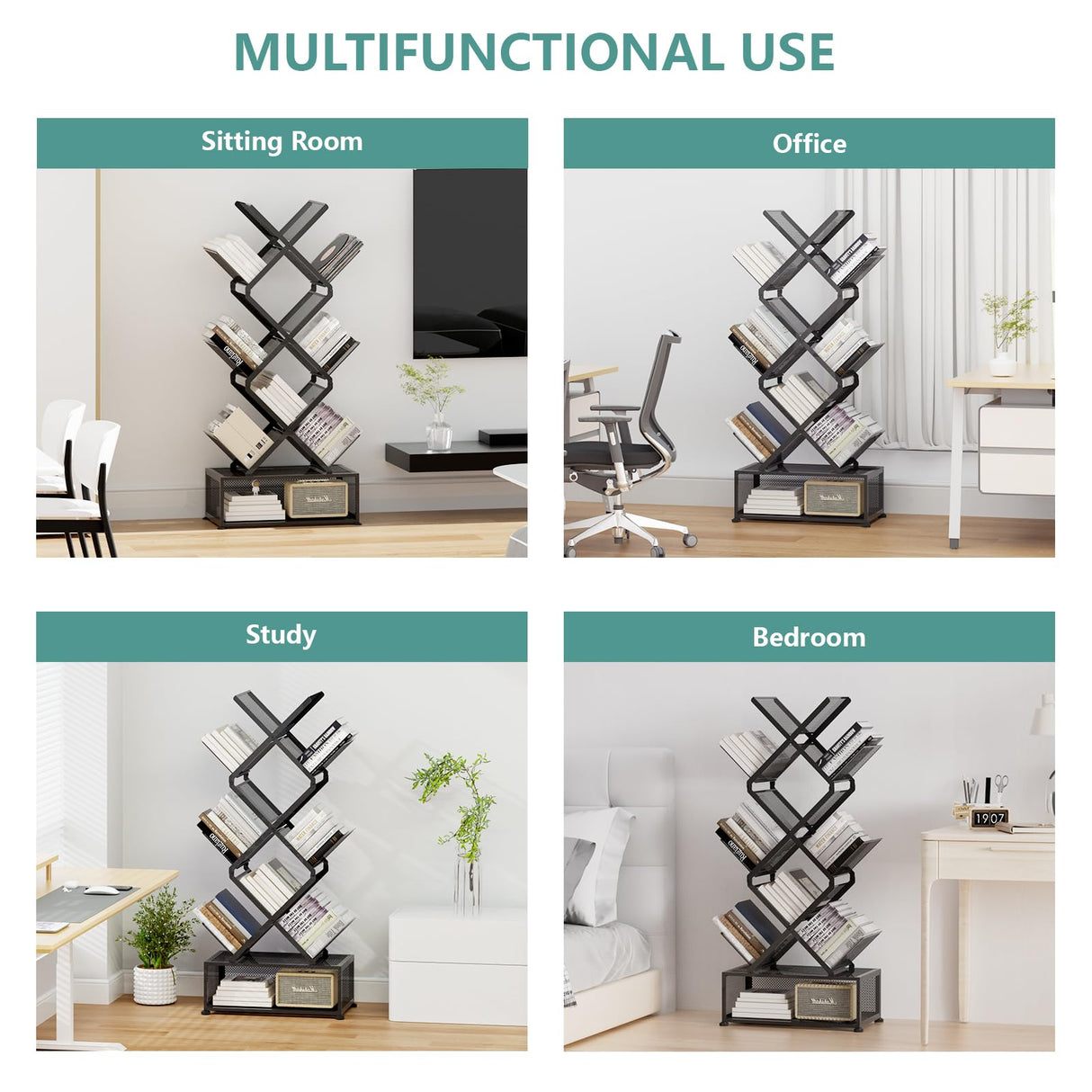 HI NINGER Folding Bookshelf,9 Tier Tree Bookshelf with Storage Cabinet,Stylish Design Metal Bookshelf for Display of CDs,Books in Living Room,Home Office,Tall Floor Standing Book Organizer for Bedroom HI NINGER